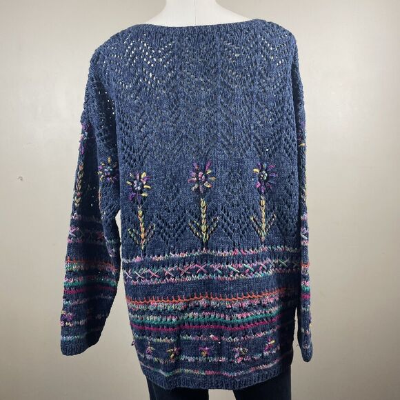 Vintage Express Tricot Hand Knit Multi Color Floral Design Size Large Cardigan - Picture 6 of 12